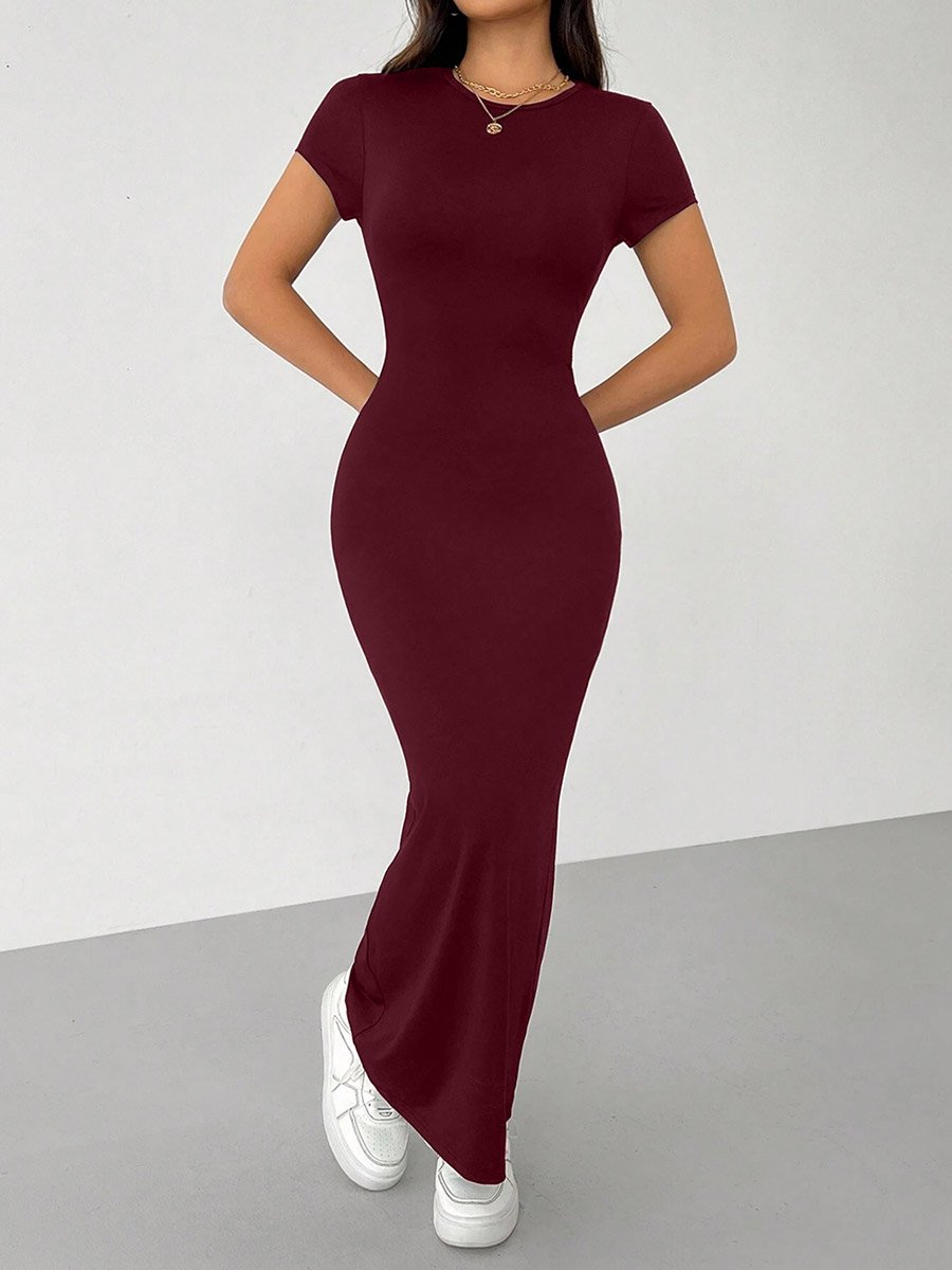 Burgundy Short Sleeve Bodycon Maxi Dress