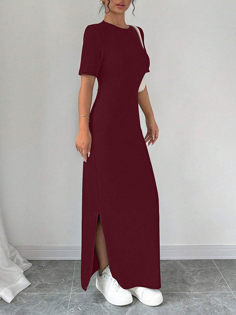 Burgundy Short Sleeve Bodycon Maxi Dress