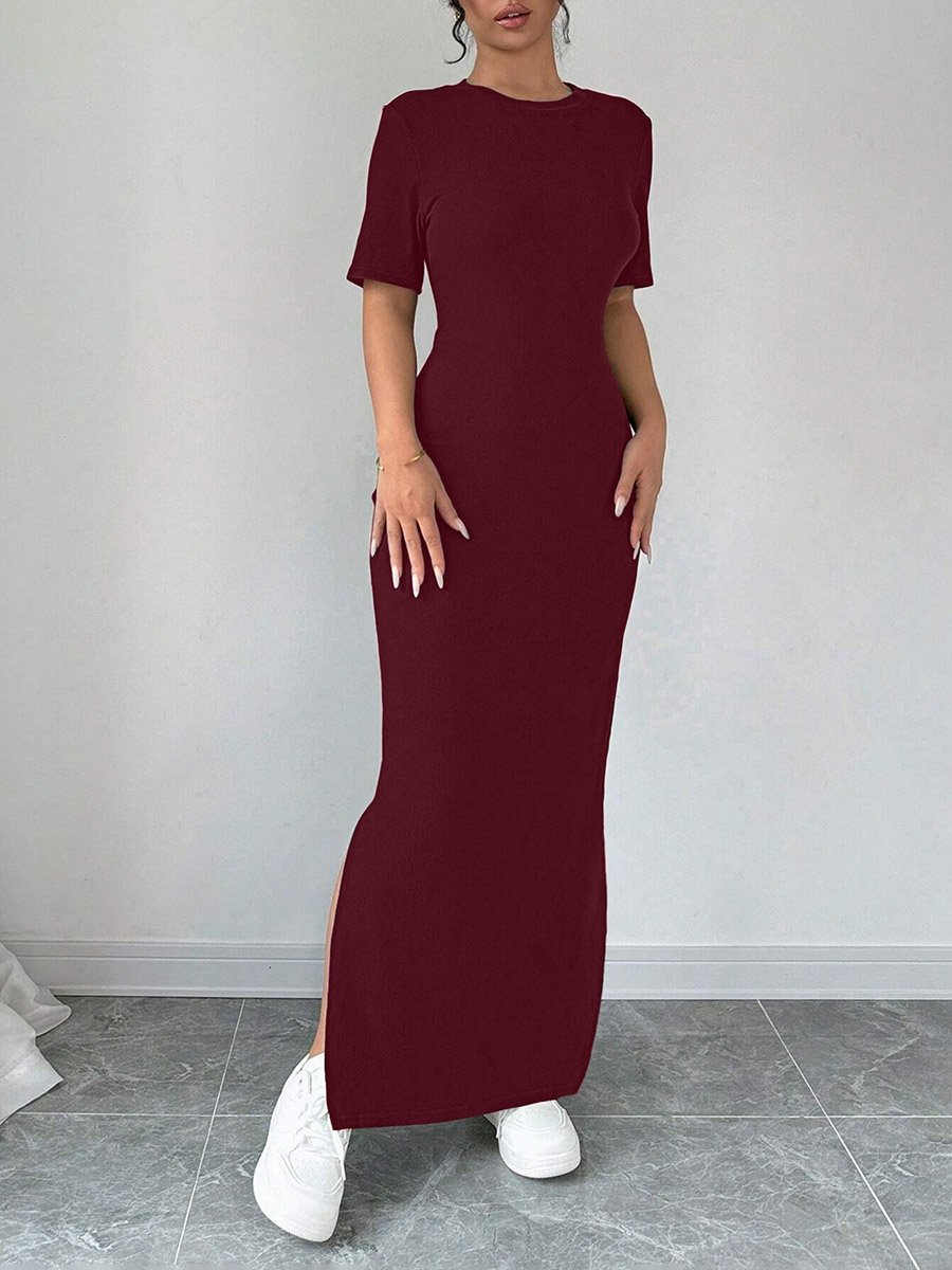Burgundy Short Sleeve Bodycon Maxi Dress
