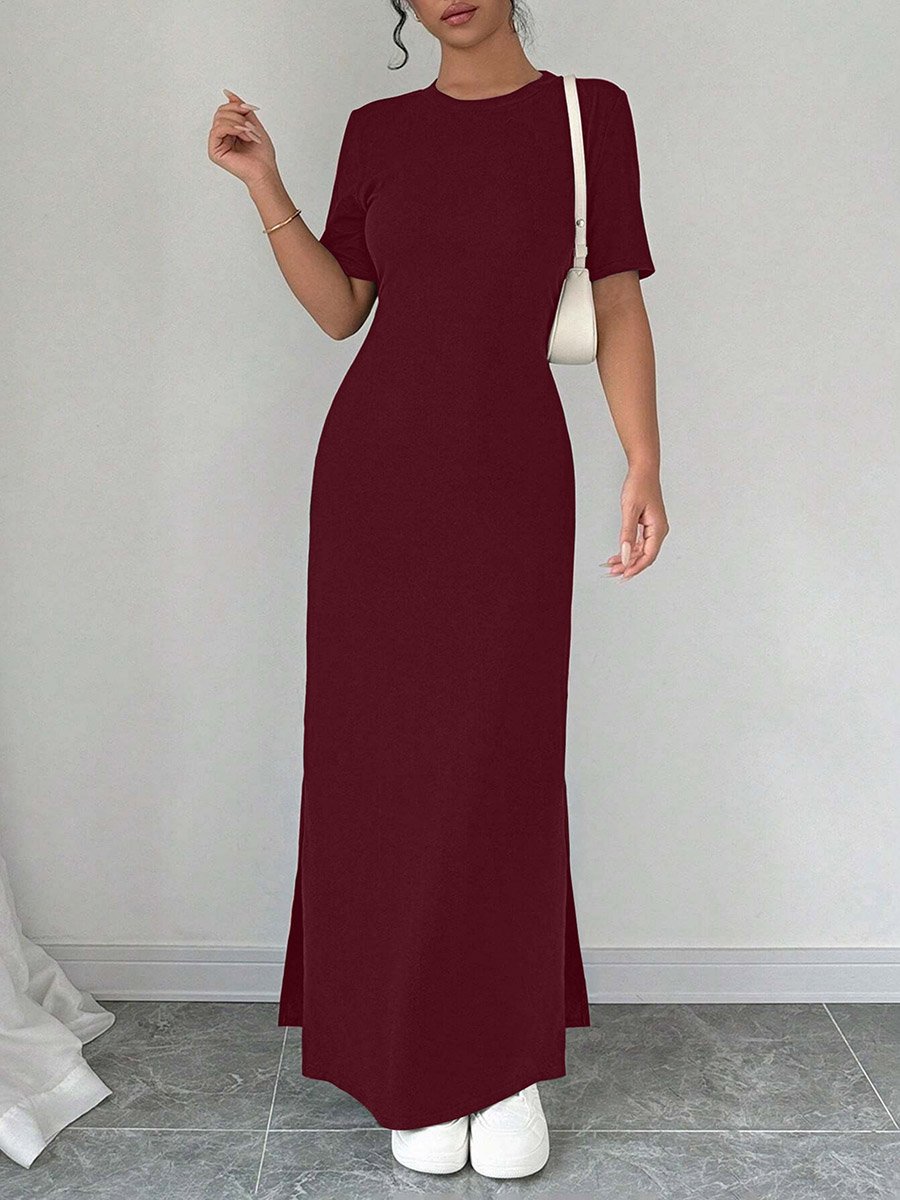 Burgundy Short Sleeve Bodycon Maxi Dress