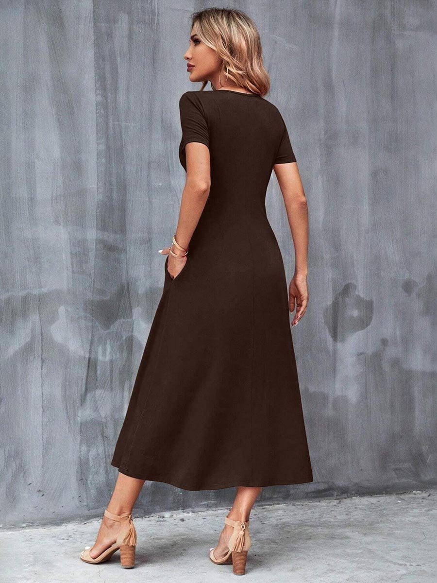 Brown Short Sleeve Midi Dress with Pockets