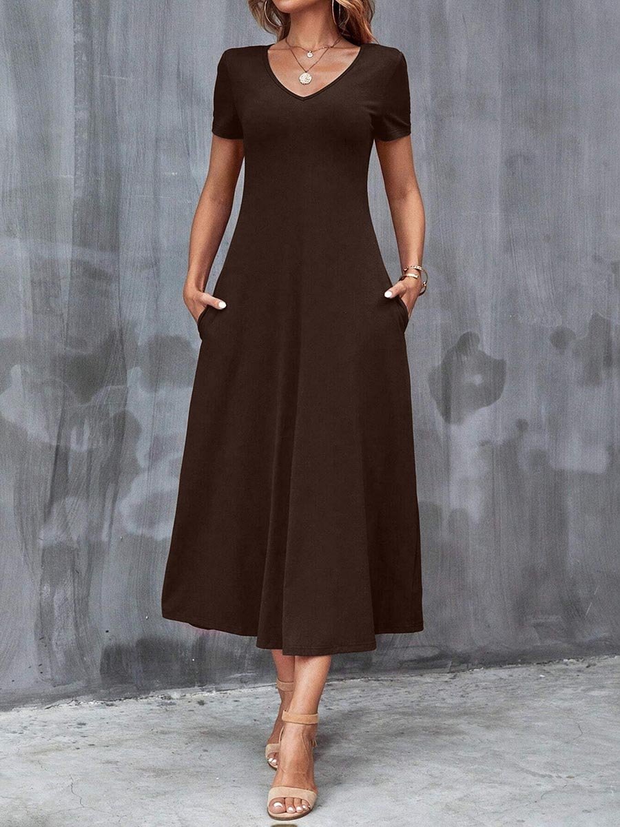 Brown Short Sleeve Midi Dress with Pockets