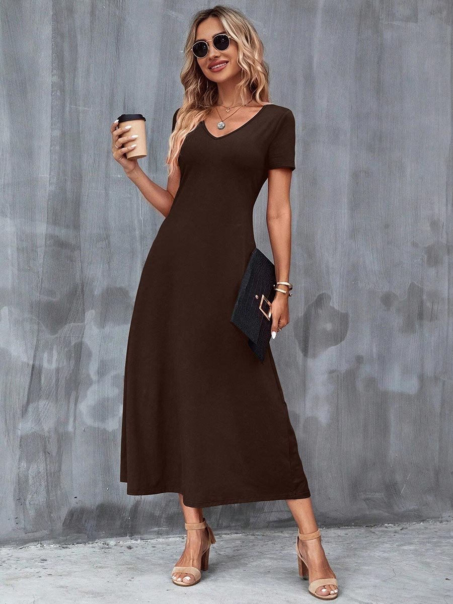 Brown Short Sleeve Midi Dress with Pockets