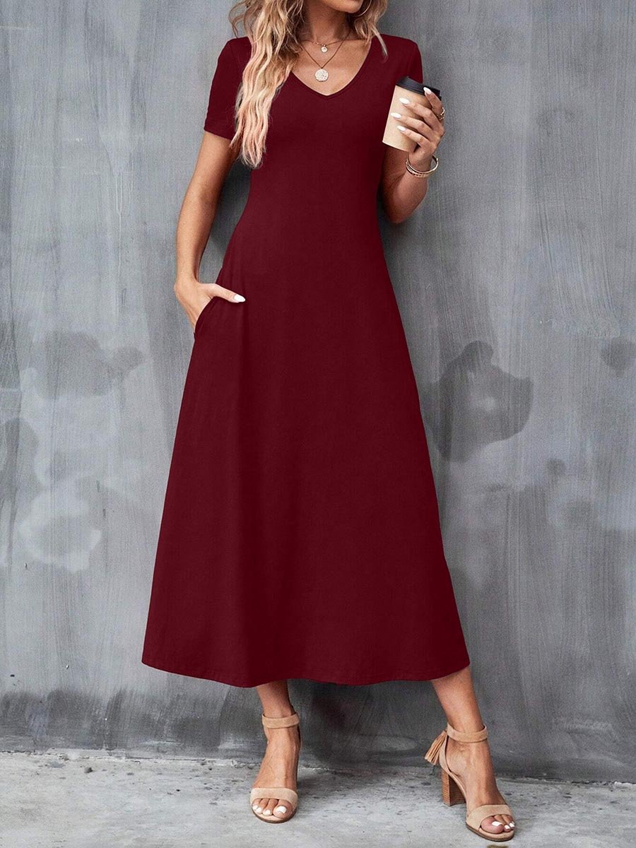 Burgundy Short Sleeve Midi Dress with Pockets