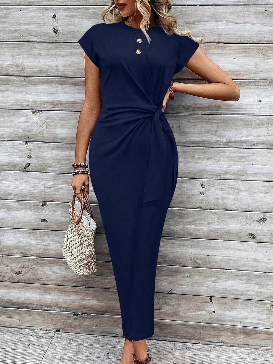 Navy Blue Bodycon Maxi Dress with Knot Detail