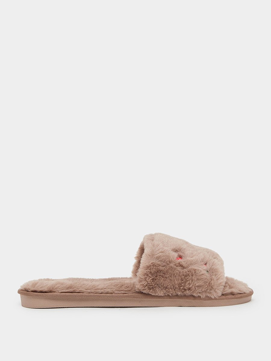 Tan Fuzzy Embroidered Bedroom Slippers