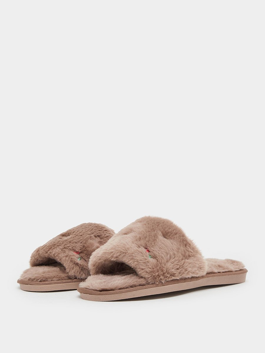 Tan Fuzzy Embroidered Bedroom Slippers
