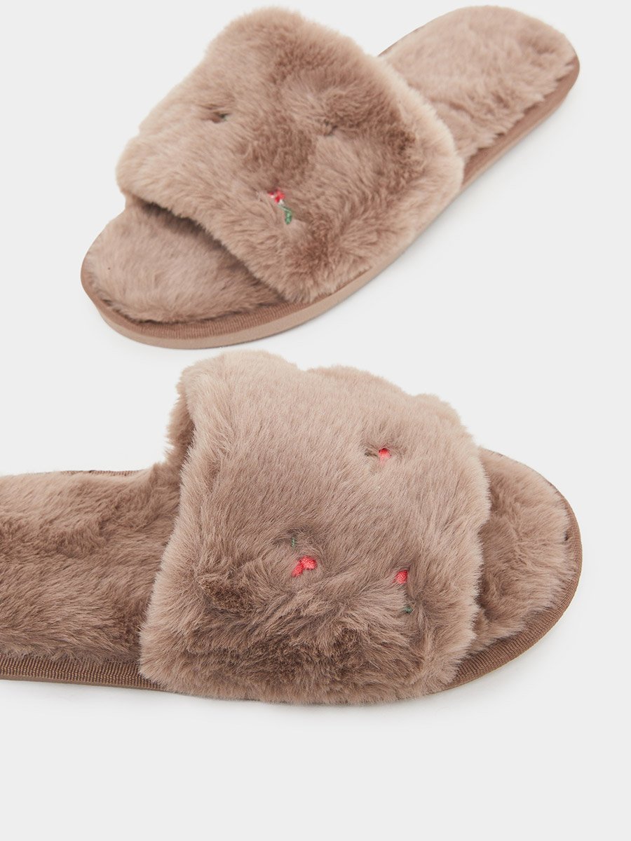 Tan Fuzzy Embroidered Bedroom Slippers