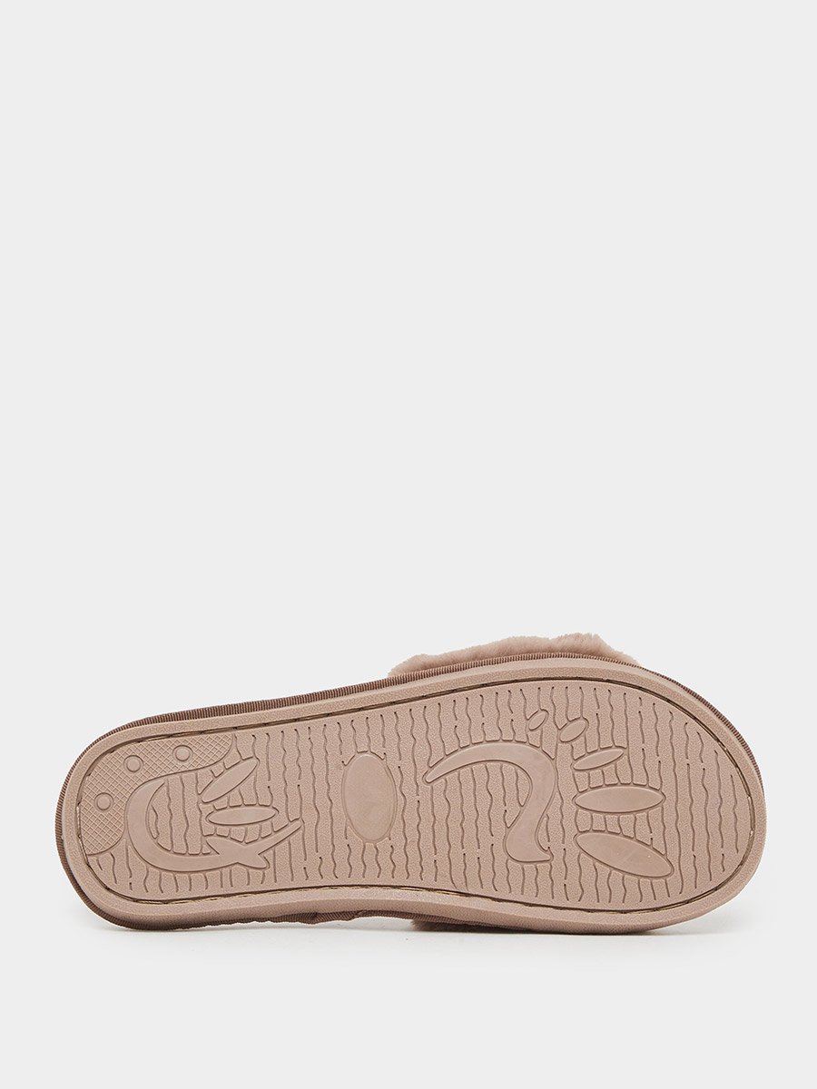 Tan Fuzzy Embroidered Bedroom Slippers