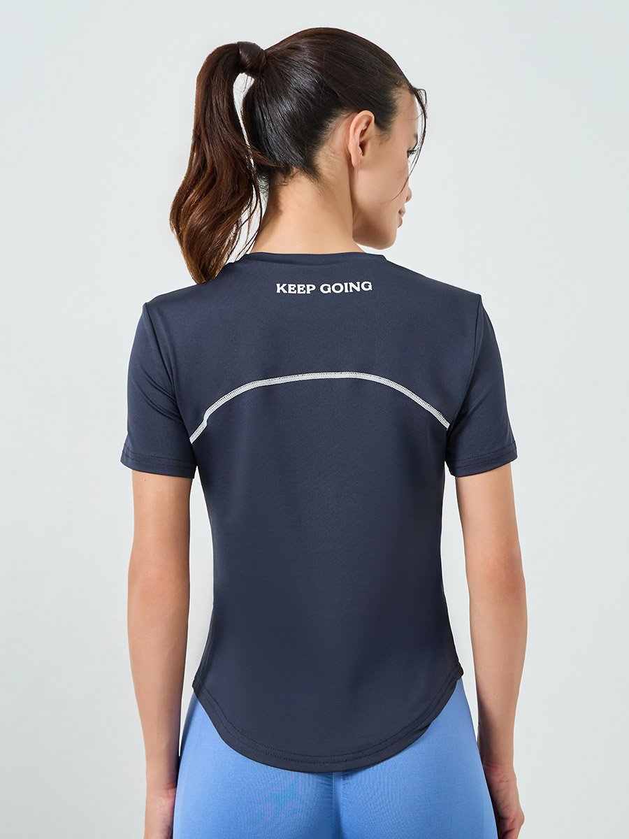Navy Blue Contrast Stitch Detail High Neck Short Sleeves Top