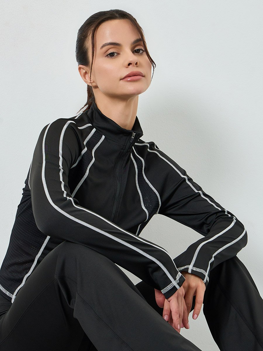 Black Contrast Stitch Detail Thumbhole Half Zip Up Top
