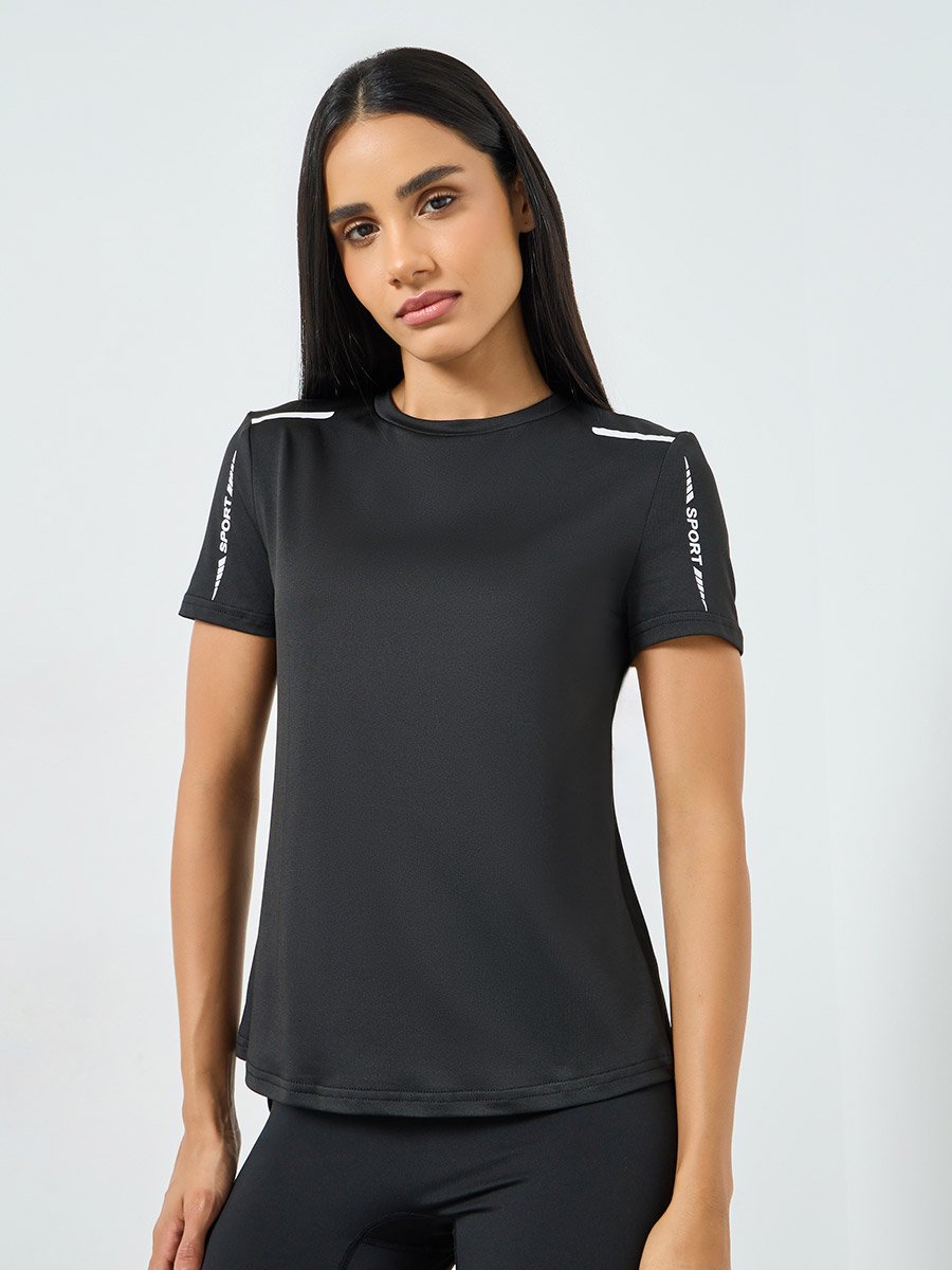 Black Shoulder Reflective Stripe and Text Detail Short Sleeves Top