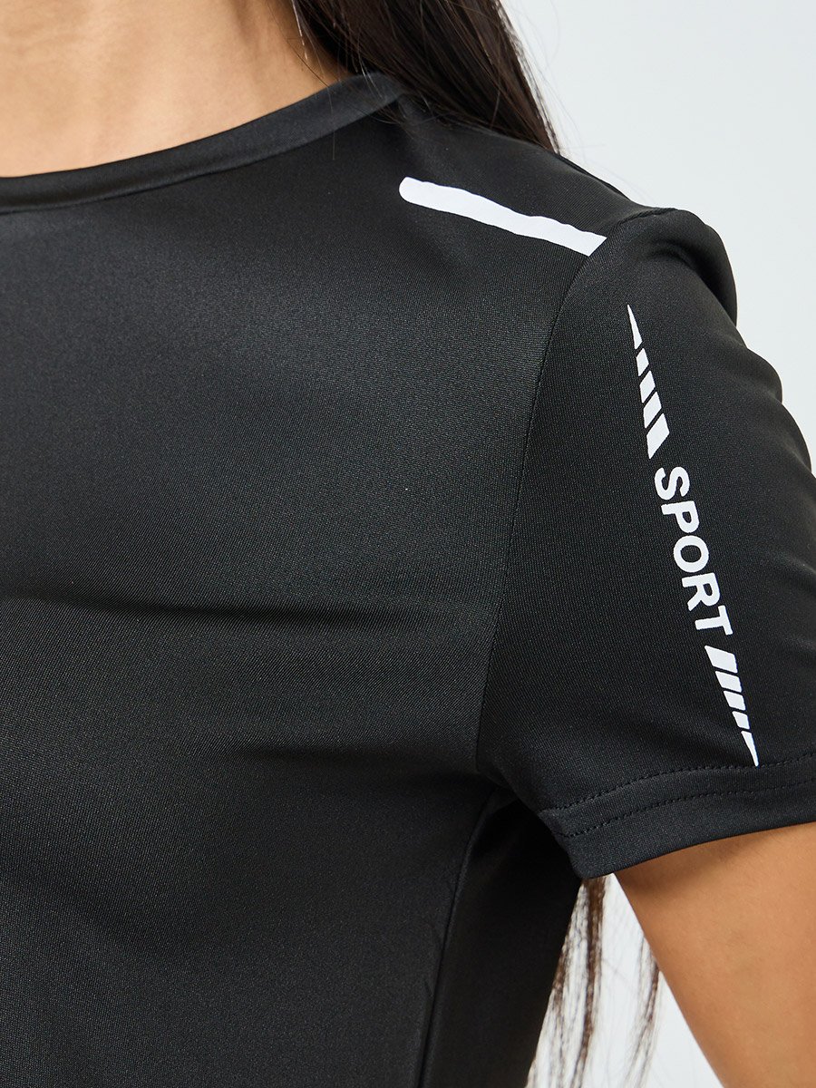 Black Shoulder Reflective Stripe and Text Detail Short Sleeves Top