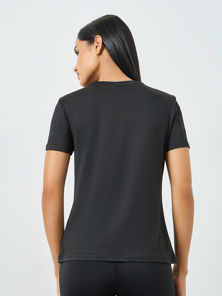 Black Shoulder Reflective Stripe and Text Detail Short Sleeves Top