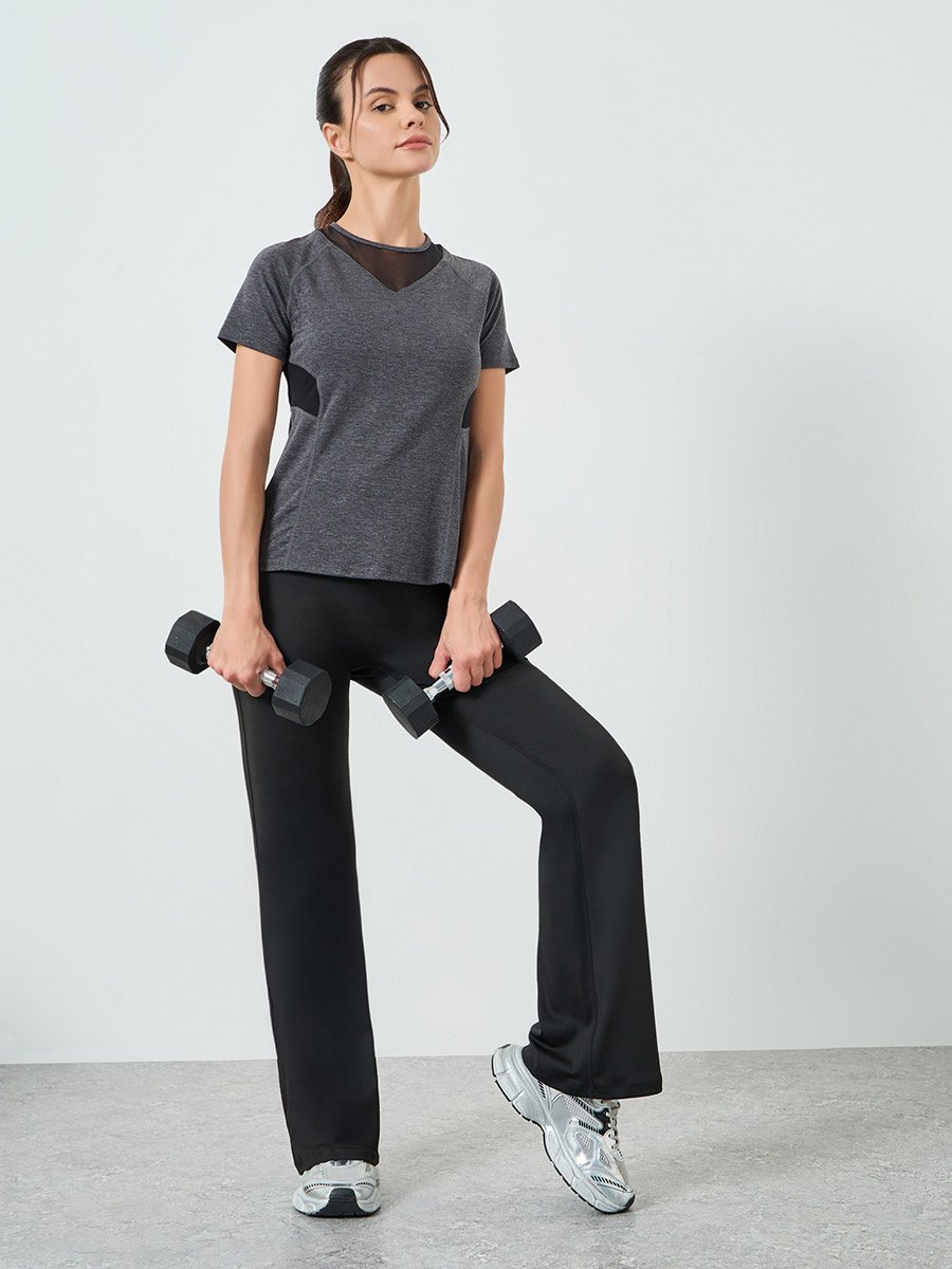 Charcoal Melange Mesh Detail Ruched Back Short Sleeves Top