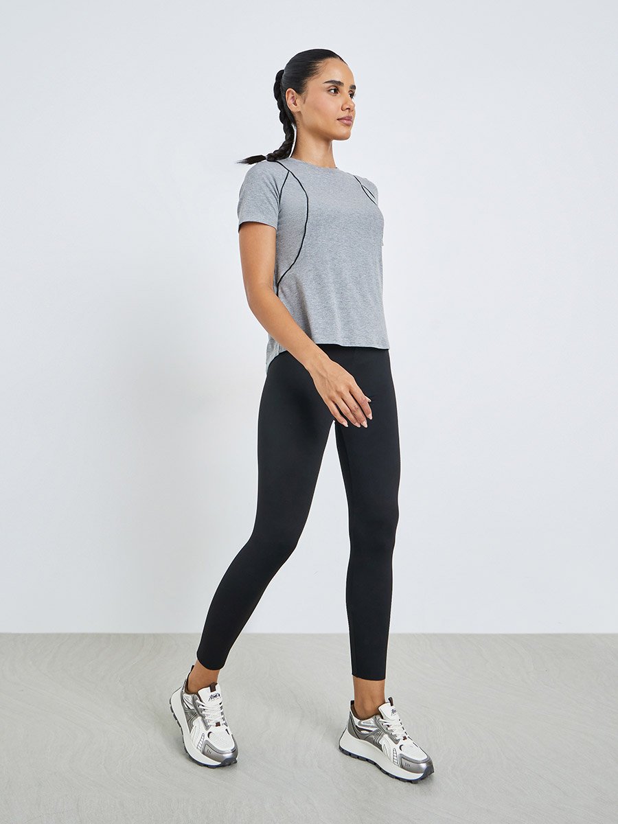 Grey Melange Contrast Seam Detail Top