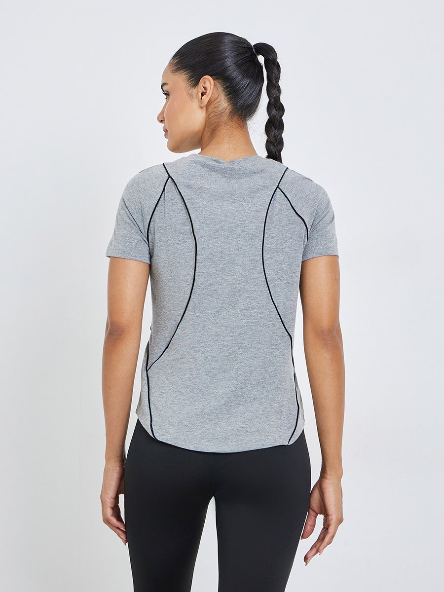 Grey Melange Contrast Seam Detail Top