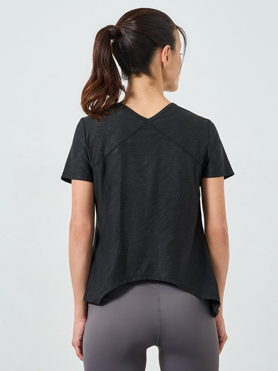 Black Textured Slub Back Inverted V Hem Short Sleeves Top