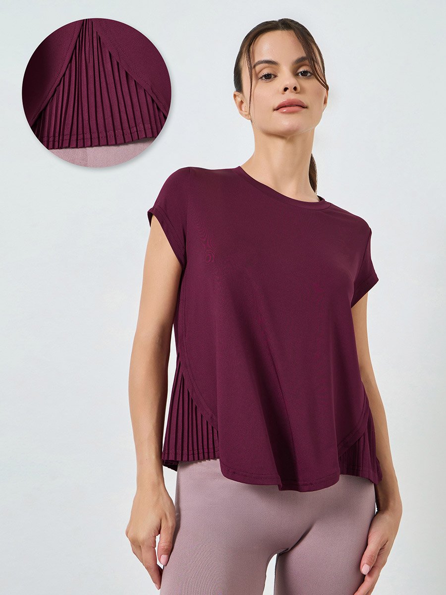 Burgundy Pleated Side Curved Hem Short Sleeves Top