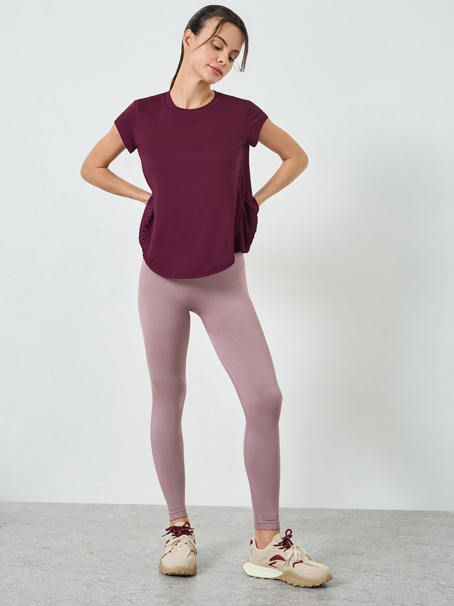 Burgundy Pleated Side Curved Hem Short Sleeves Top