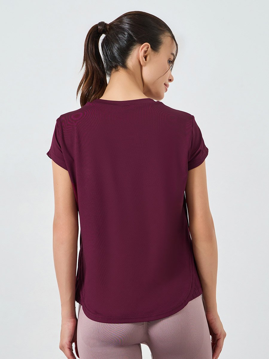 Burgundy Pleated Side Curved Hem Short Sleeves Top
