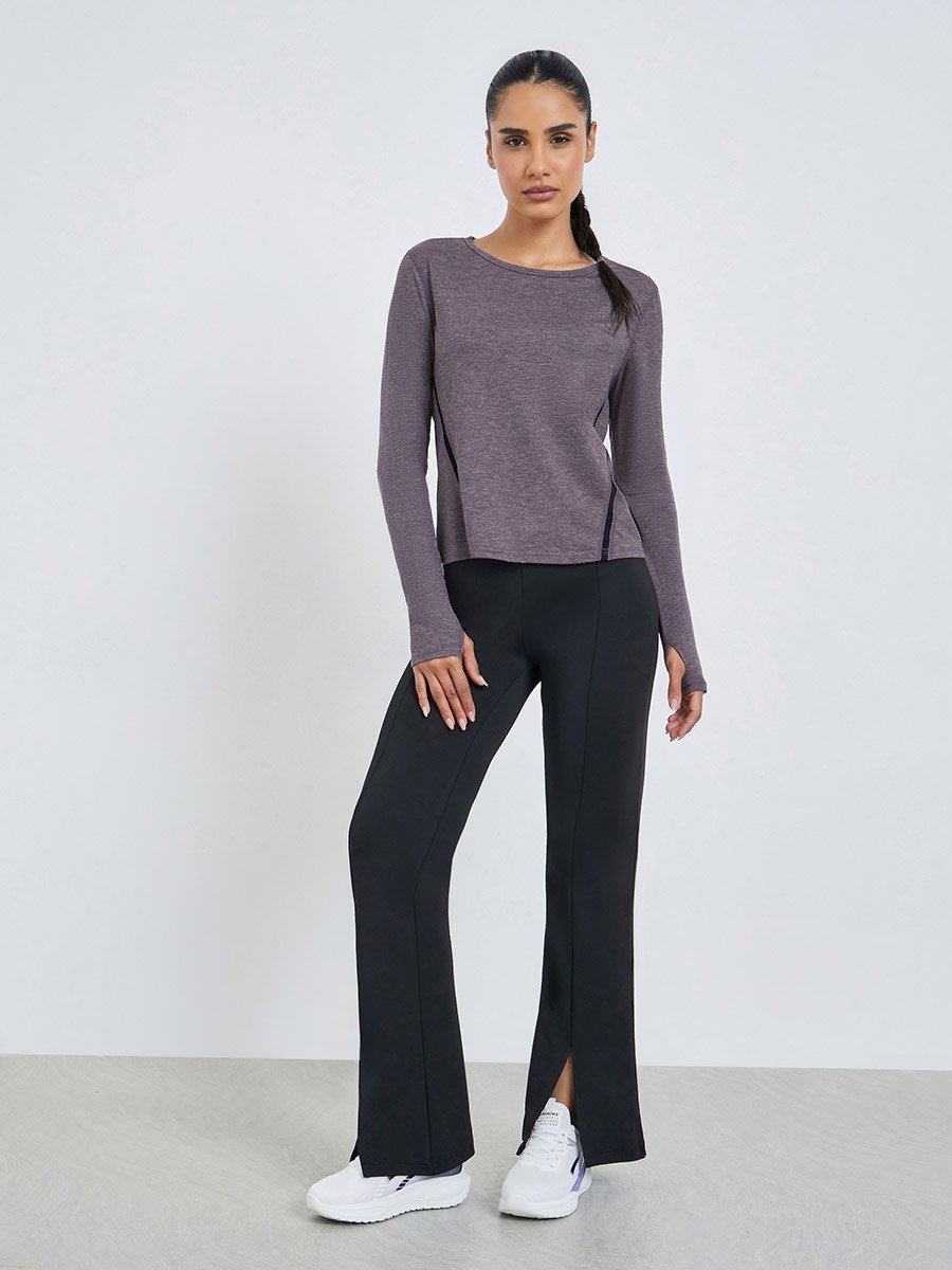 Brown Melange Side Mesh Detail Long Sleeves Top