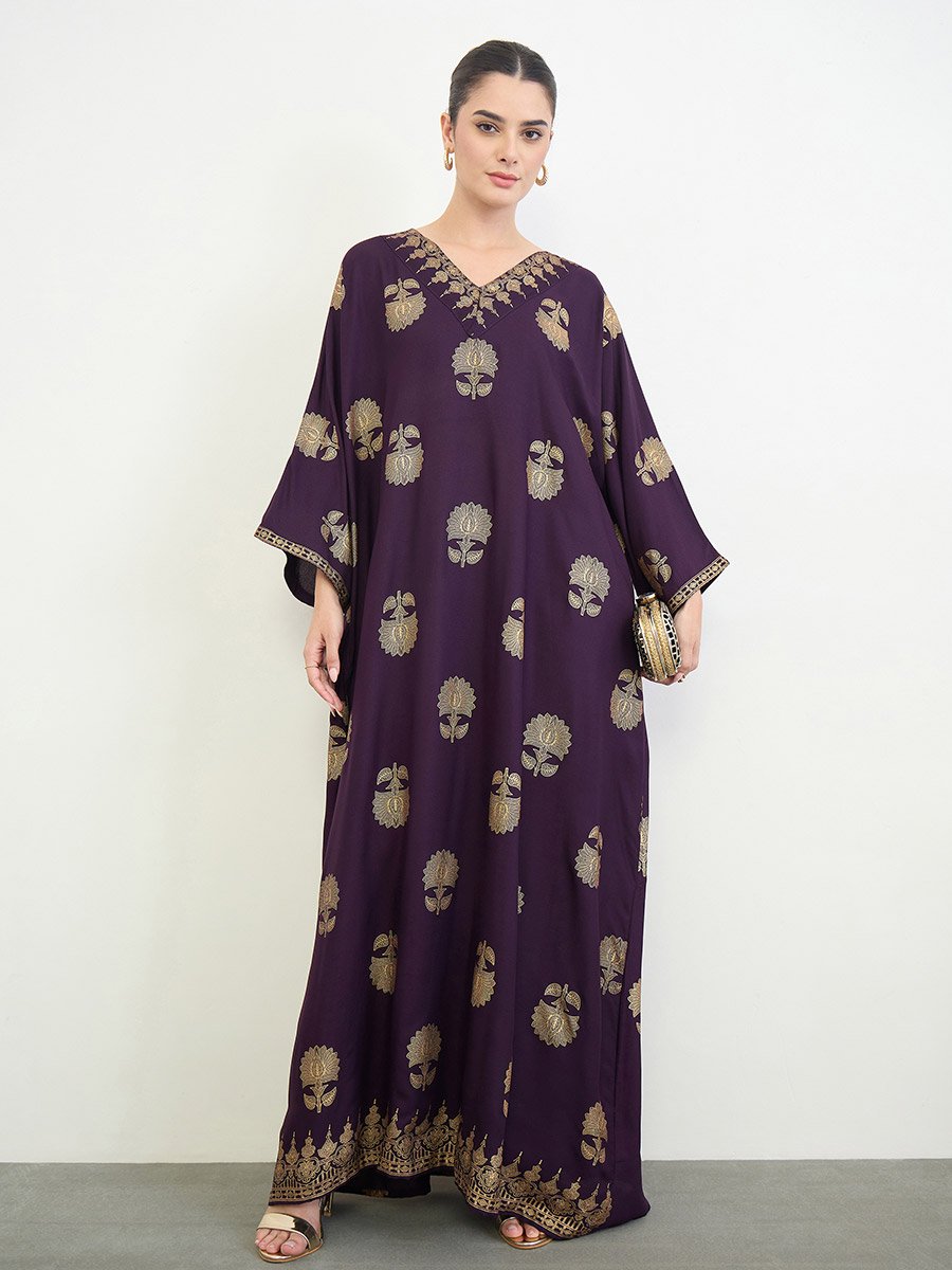 Purple Foil Print Kimono Sleeves Jalabiya