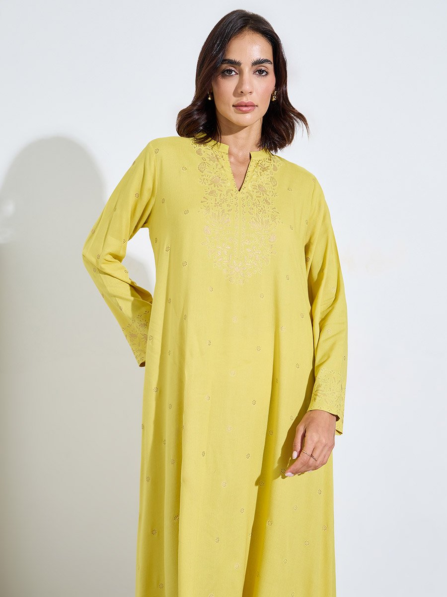 Yellow Foil Print Long Sleeves Jalabiya