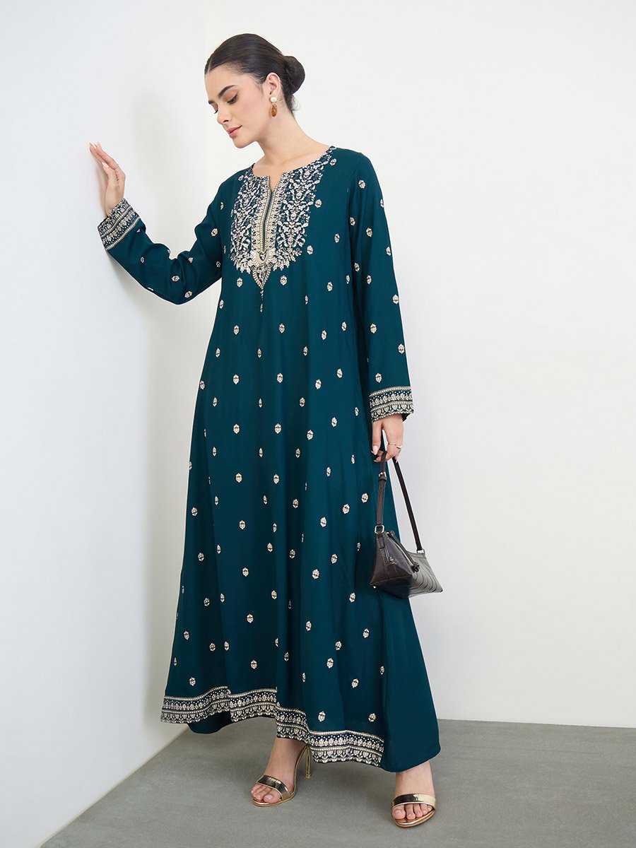 Navy Blue Border Print Long Sleeve Jalabiya