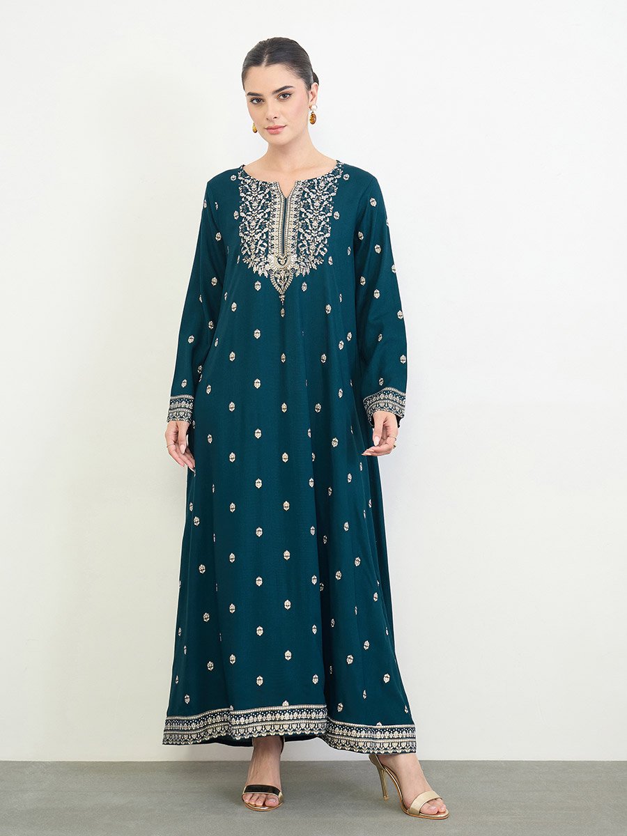 Navy Blue Border Print Long Sleeve Jalabiya