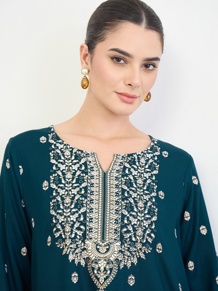 Navy Blue Border Print Long Sleeve Jalabiya