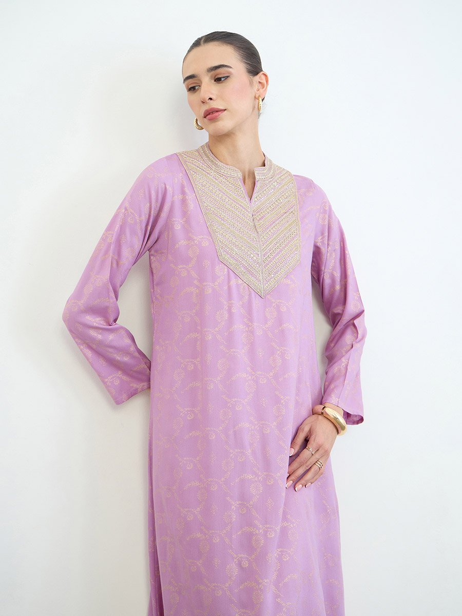 Lilac Embroidered Yoke Printed Jalabiya