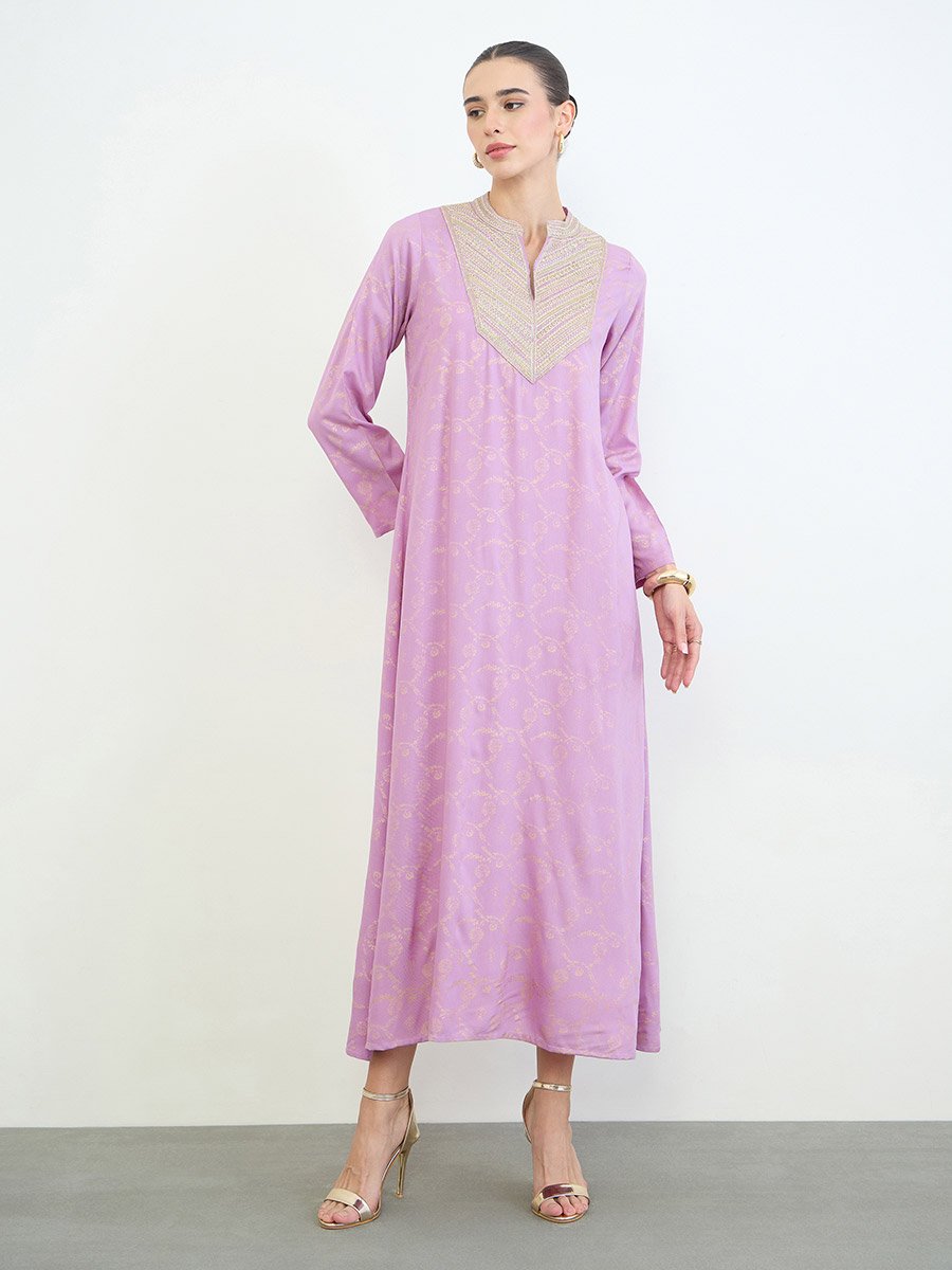 Lilac Embroidered Yoke Printed Jalabiya