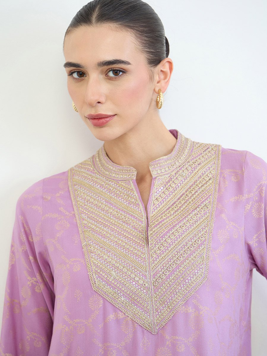 Lilac Embroidered Yoke Printed Jalabiya