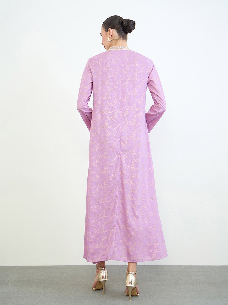 Lilac Embroidered Yoke Printed Jalabiya