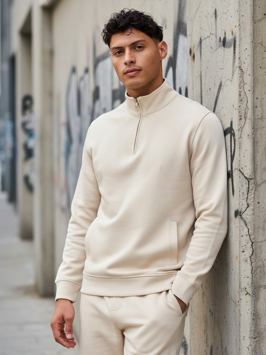 Half Zip Interlock Sweatshirt with Kangaroo Pockets