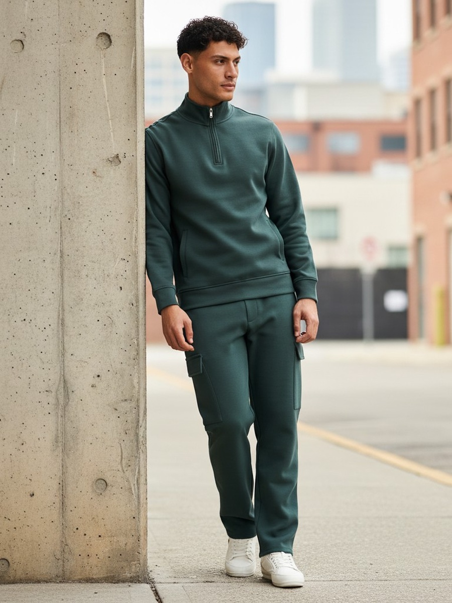 Half Zip Interlock Sweatshirt with Kangaroo Pockets