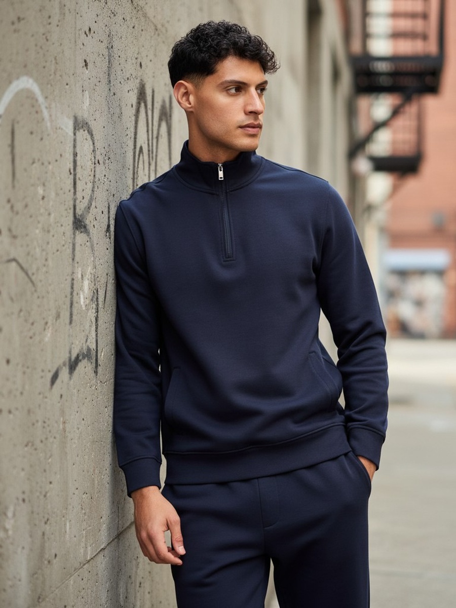 Half Zip Interlock Sweatshirt with Kangaroo Pockets