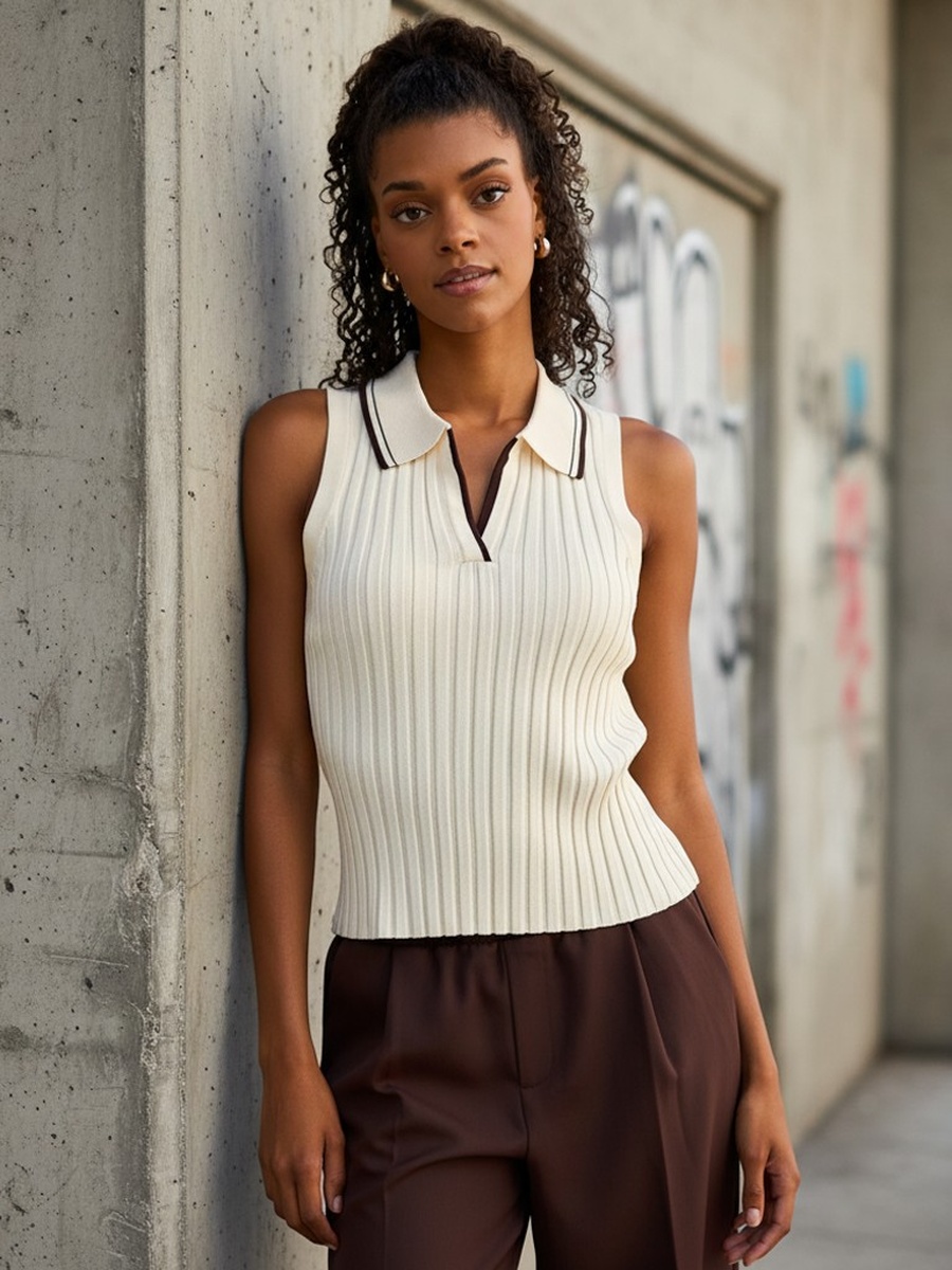 Ribbed Sleeveless Polo Top