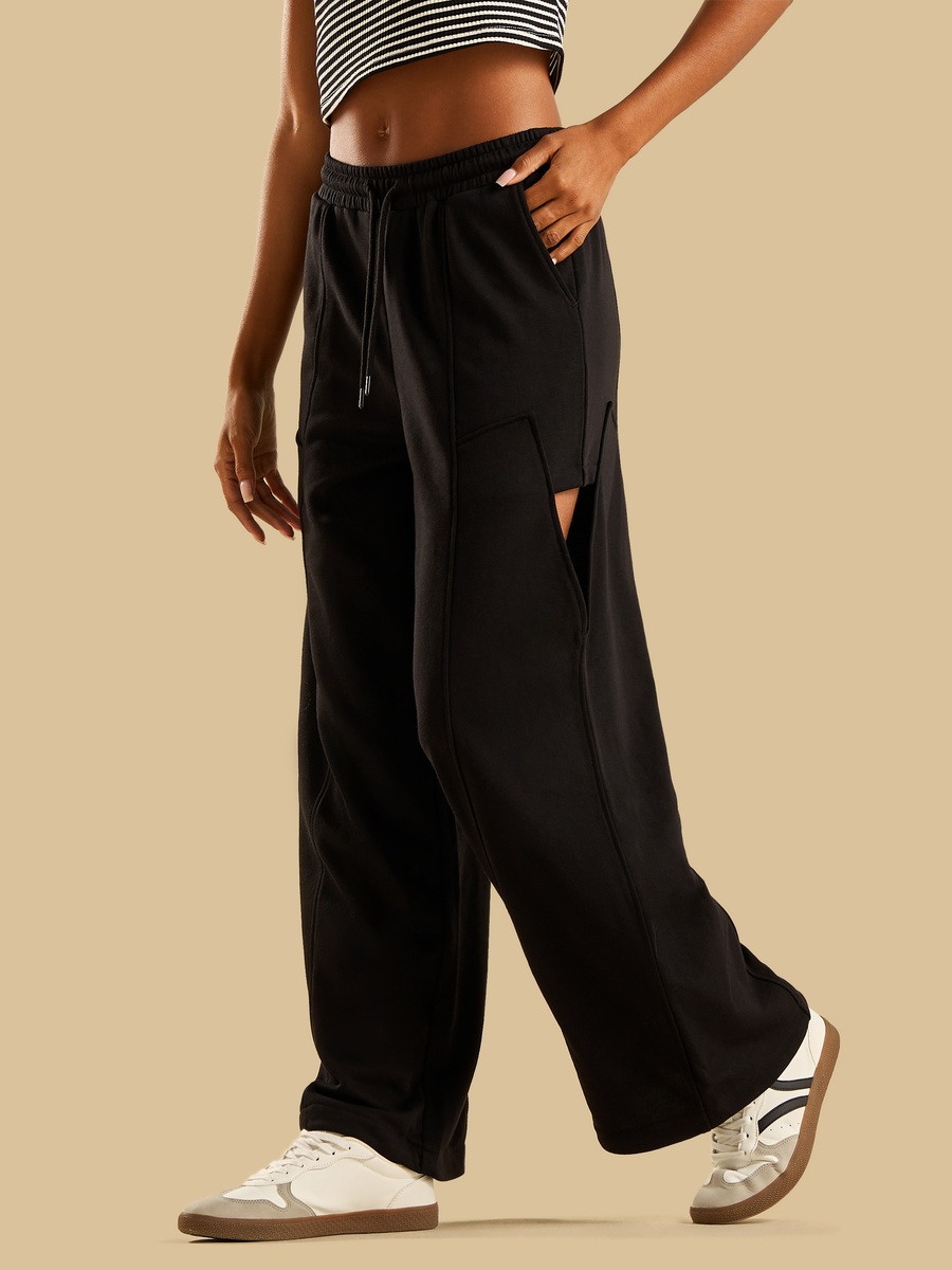 Panelled Terry Wide Leg Pants with Cutout Detail