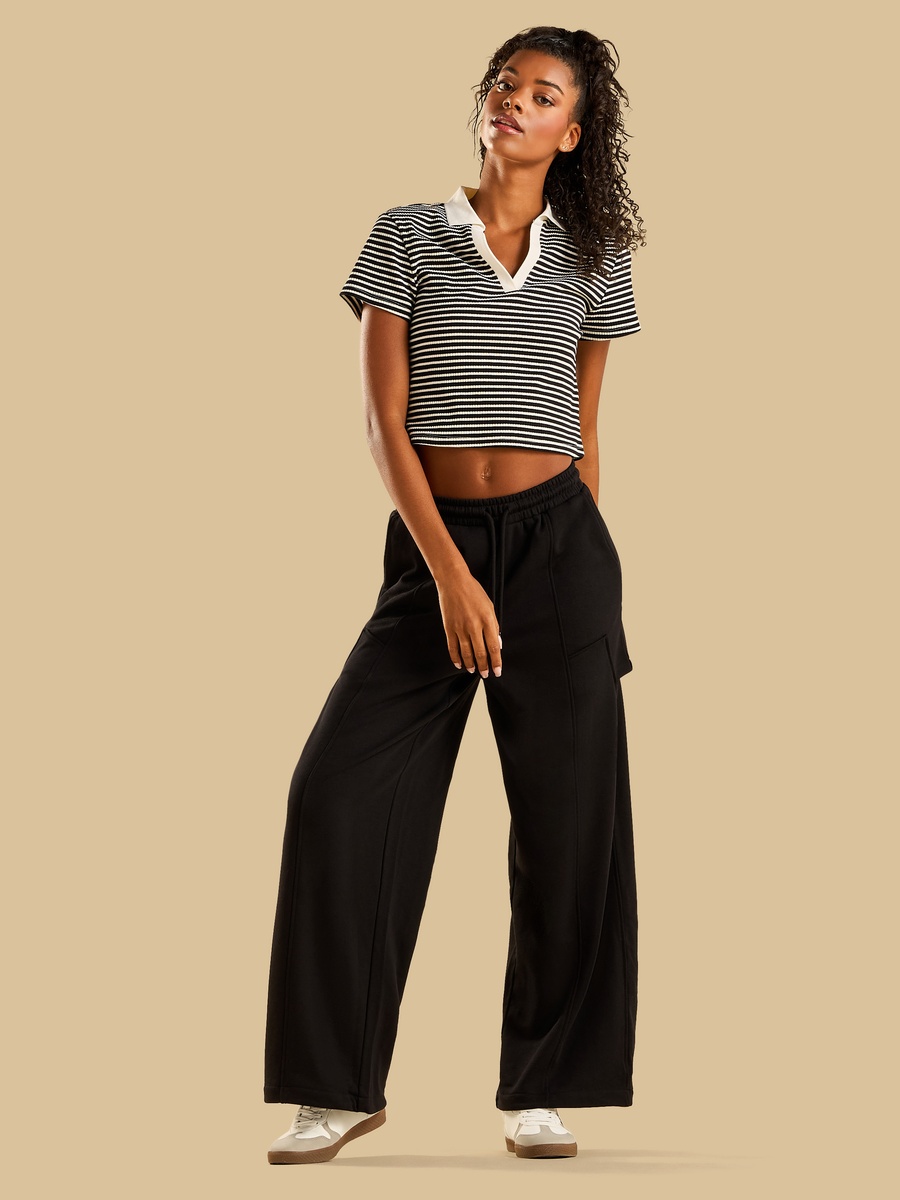 Panelled Terry Wide Leg Pants with Cutout Detail