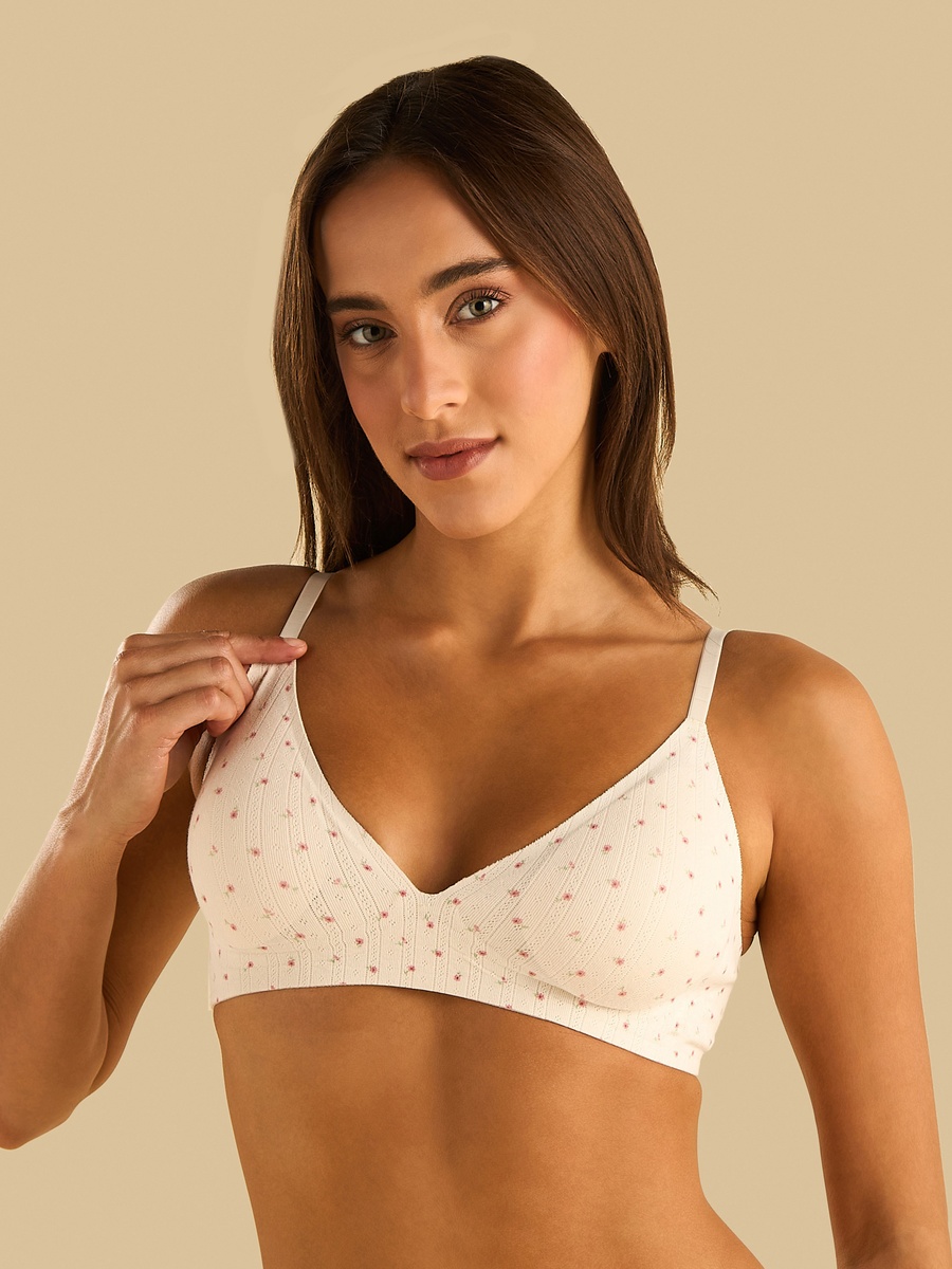 Floral Print Pointelle Padded Non-Wired Comfort Bra