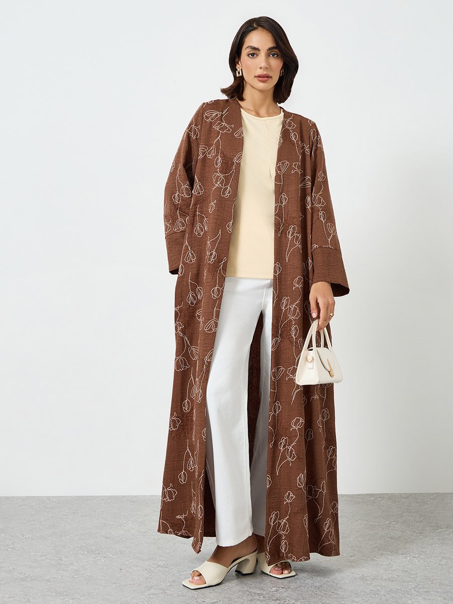 Brown Floral Print Front Open Abaya