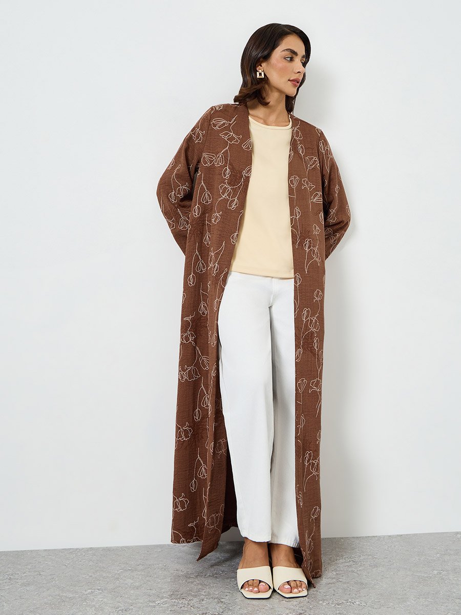 Brown Floral Print Front Open Abaya