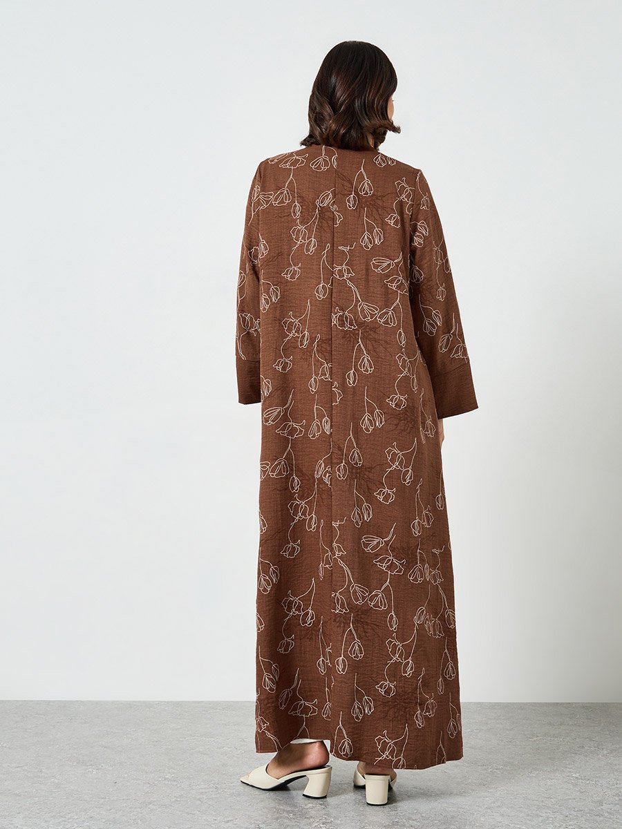 Brown Floral Print Front Open Abaya