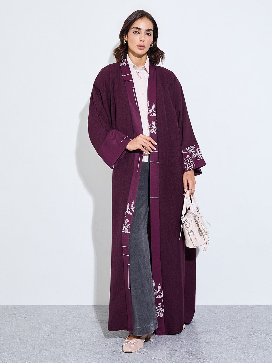 Burgundy Graphic Embroidered Open Front Abaya