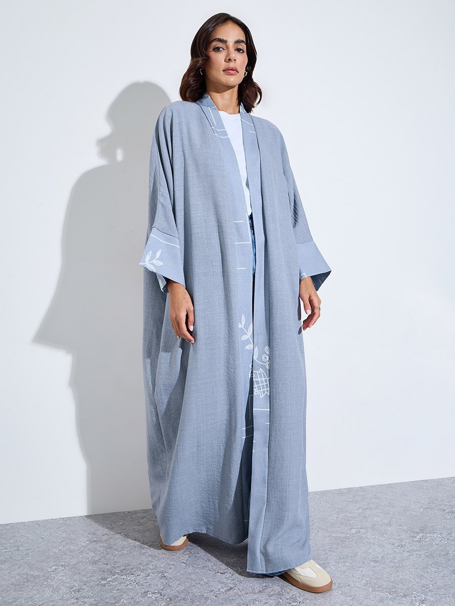 Light Blue Graphic Embroidered Open Front Abaya