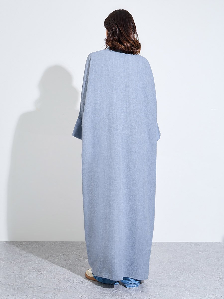 Light Blue Graphic Embroidered Open Front Abaya