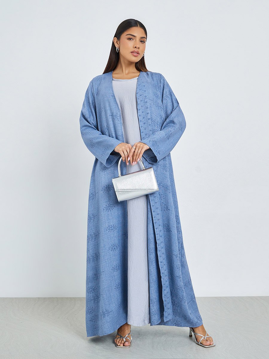 Blue Front Open Border Print Abaya