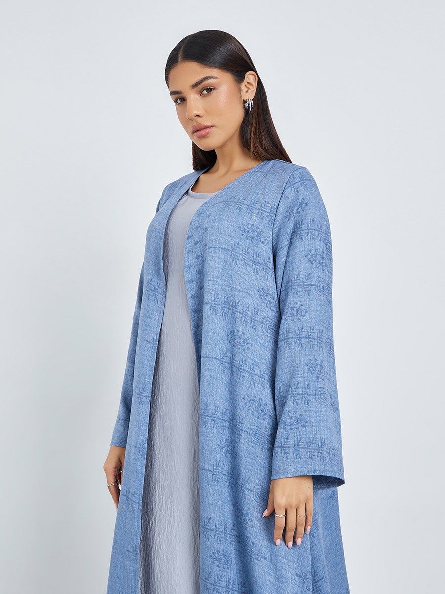Blue Front Open Border Print Abaya